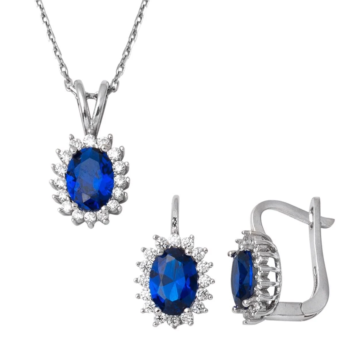 14 Ayar Altın Safir Taşlı Kolye ve Küpe Seti