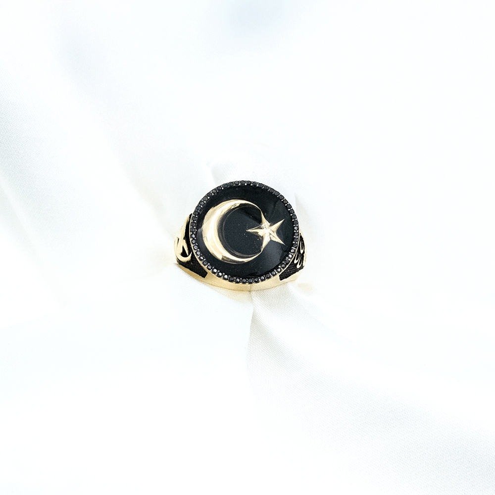 14 Ayar Altın Siyah Taşlı Ay Yıldız Erkek Yüzük